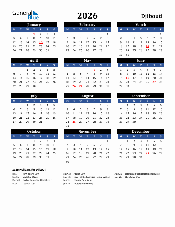 2026 Djibouti Holiday Calendar