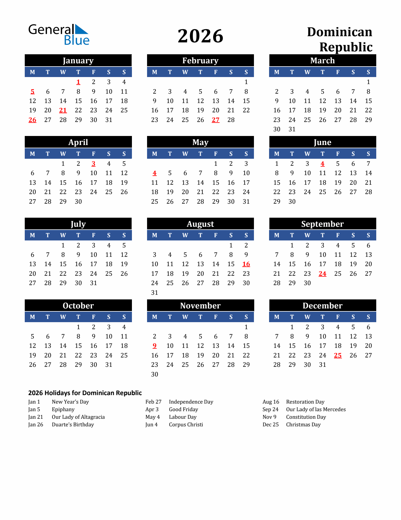 2026 Dominican Republic Holiday Calendar