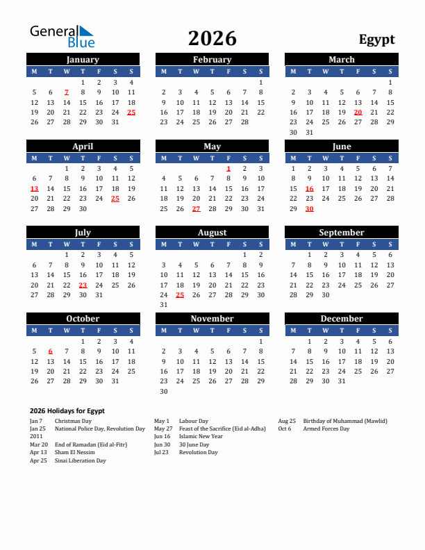 2026 Egypt Holiday Calendar