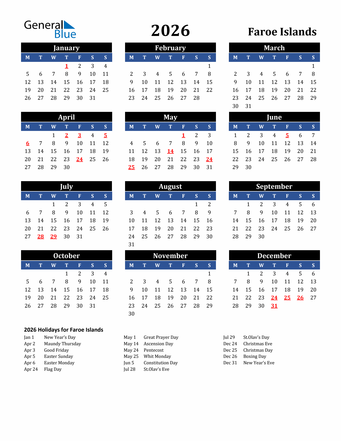 2026 Faroe Islands Holiday Calendar