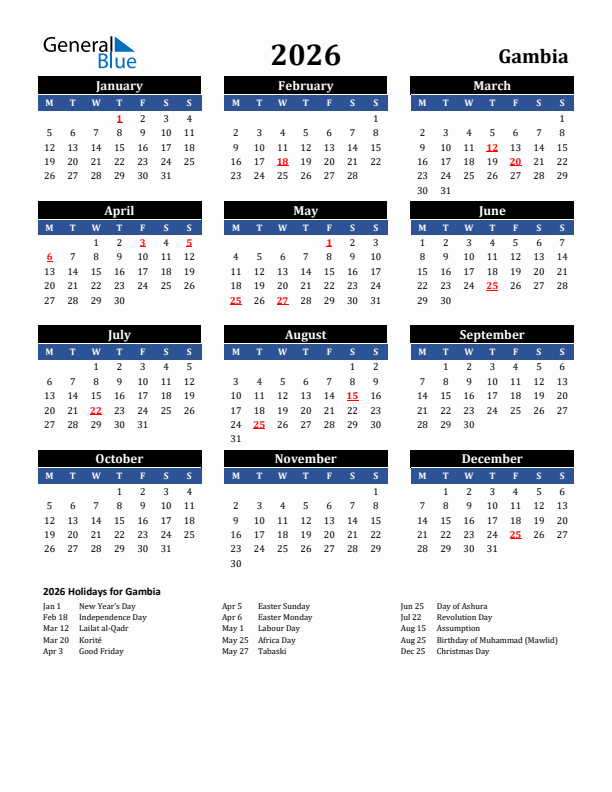 2026 Gambia Holiday Calendar