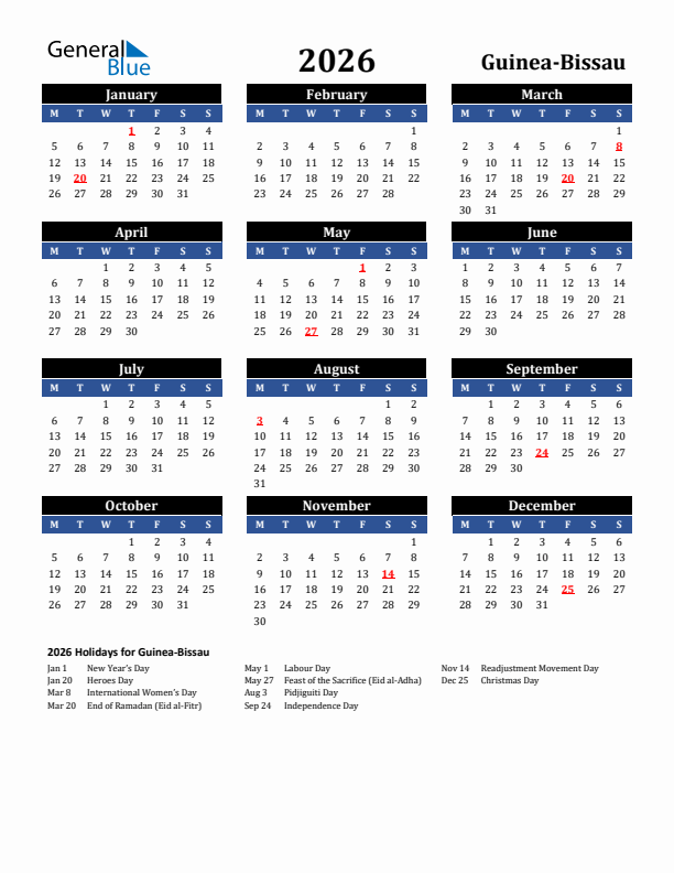 2026 Guinea-Bissau Holiday Calendar