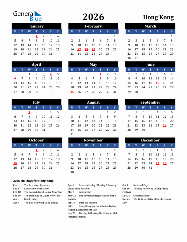 2026 Hong Kong Holiday Calendar