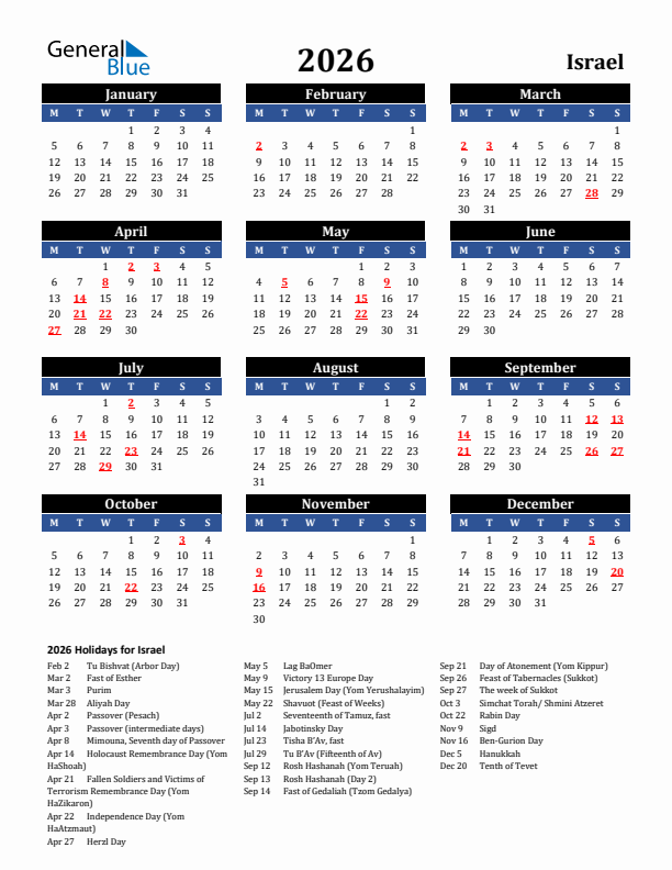 2026 Israel Holiday Calendar