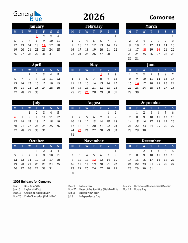 2026 Comoros Holiday Calendar
