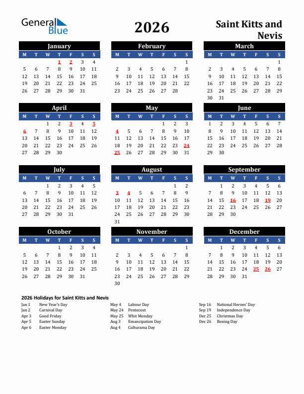 2026 Saint Kitts and Nevis Holiday Calendar