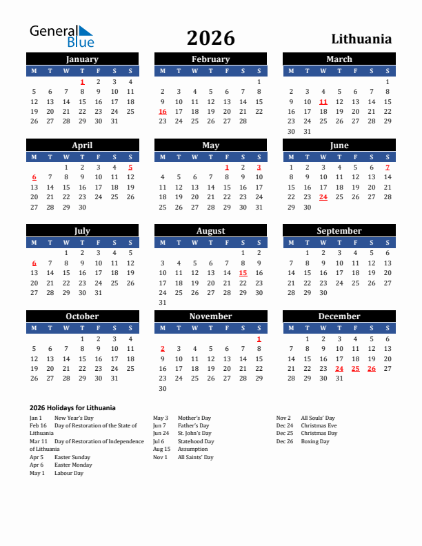 2026 Lithuania Holiday Calendar