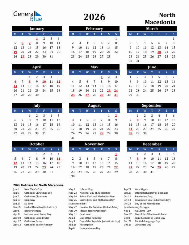 2026 North Macedonia Holiday Calendar