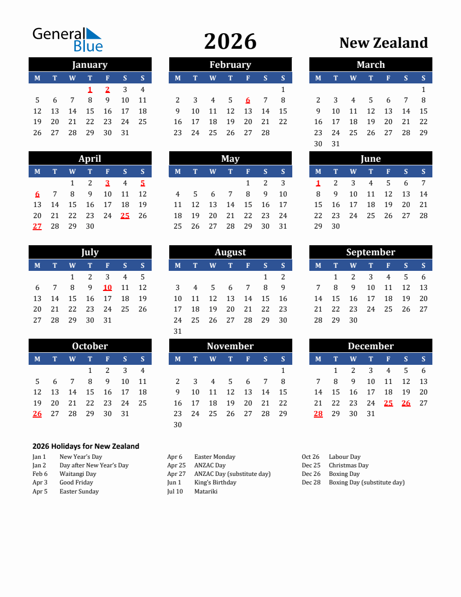 2026 New Zealand Holiday Calendar - Monday Start