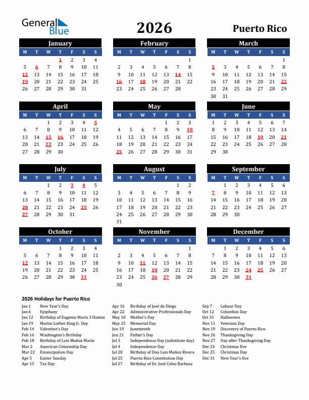 2026 Puerto Rico Holiday Calendar