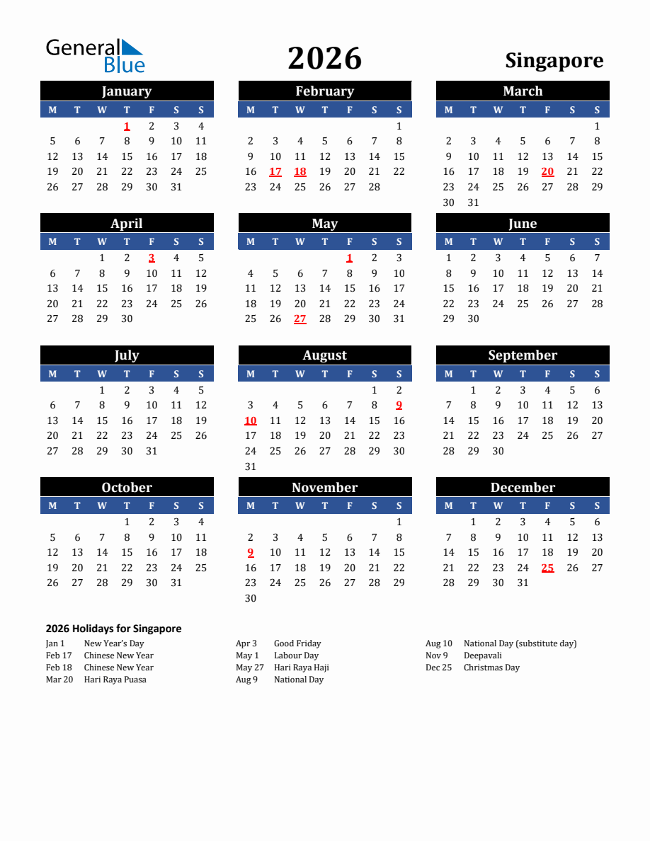 2026 singapore holiday calendar - monday start