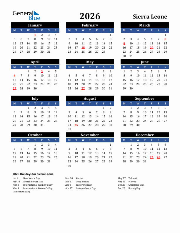 2026 Sierra Leone Holiday Calendar