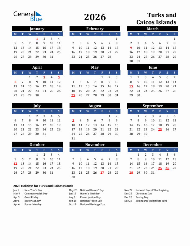 2026 Turks and Caicos Islands Holiday Calendar
