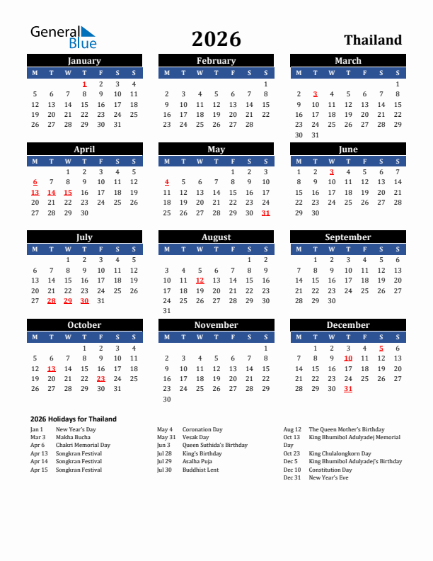 2026 Thailand Holiday Calendar