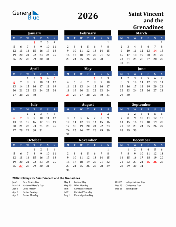 2026 Saint Vincent and the Grenadines Holiday Calendar