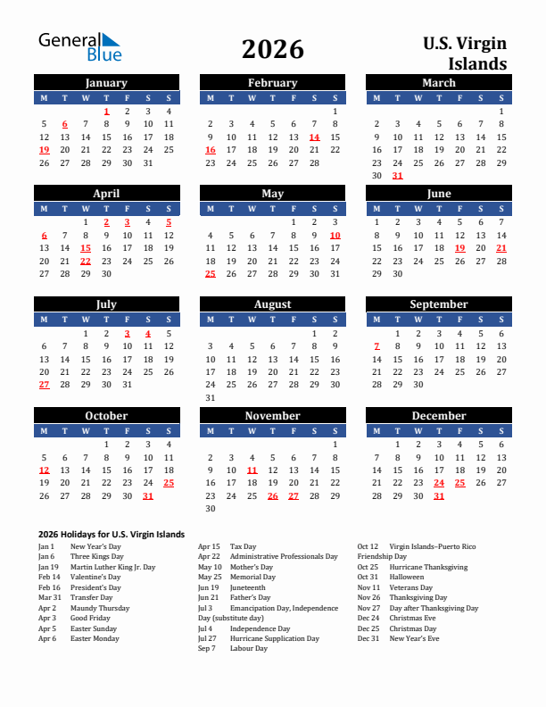 2026 U.S. Virgin Islands Holiday Calendar