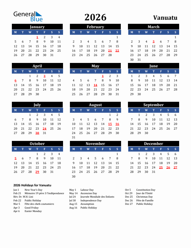 2026 Vanuatu Holiday Calendar