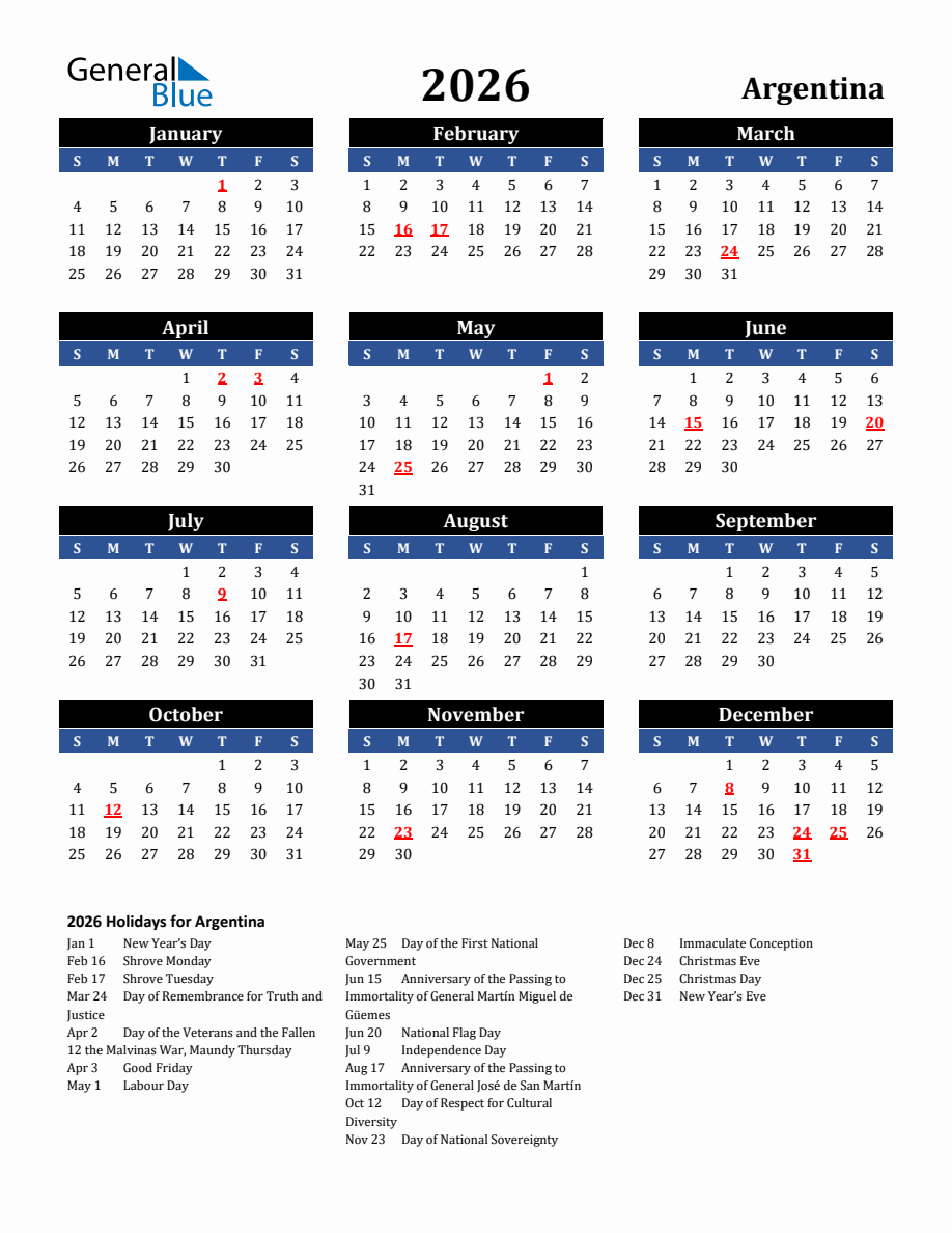 2026 Argentina Holiday Calendar