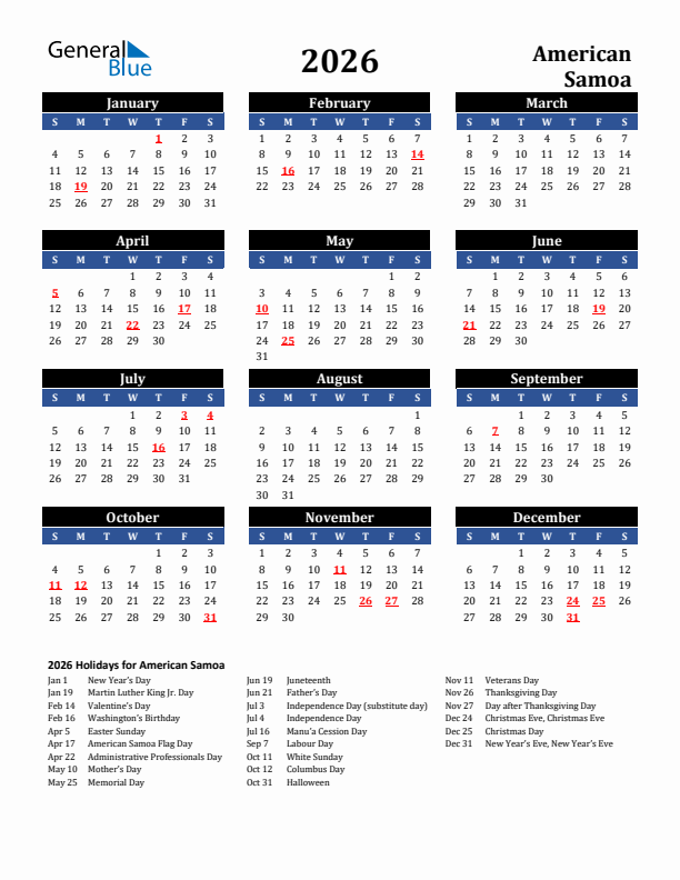 2026 American Samoa Holiday Calendar