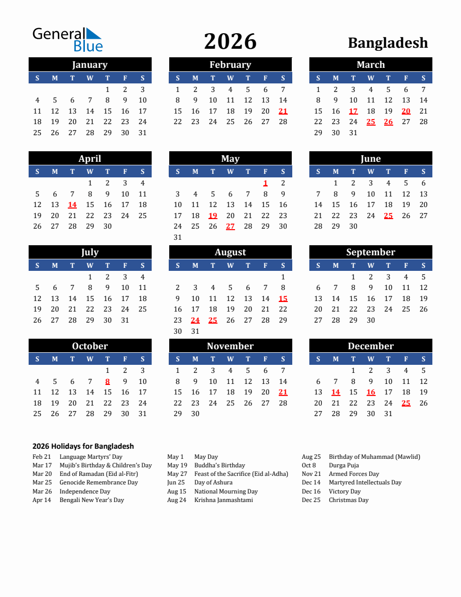 2026 Bangladesh Holiday Calendar