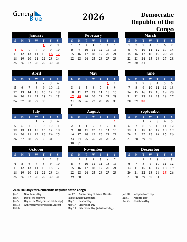 2026 Democratic Republic of the Congo Holiday Calendar