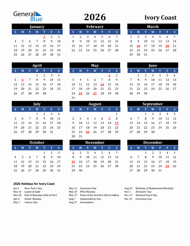 2026 Ivory Coast Holiday Calendar