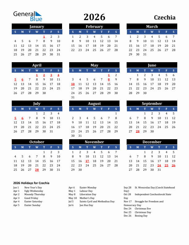 2026 Czechia Holiday Calendar