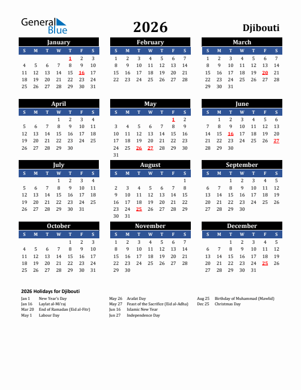 2026 Djibouti Holiday Calendar