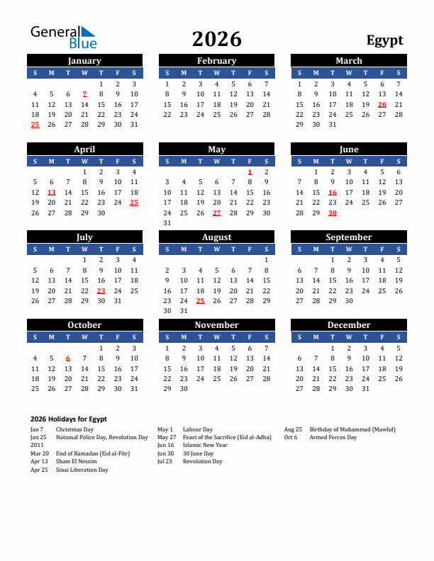 2026 Egypt Holiday Calendar