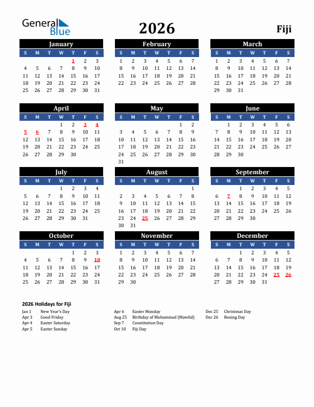 2026 Fiji Holiday Calendar