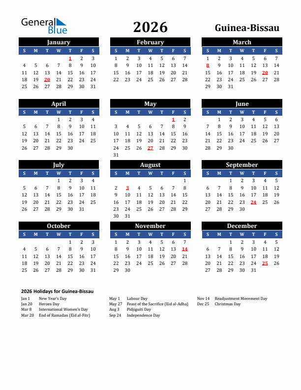 2026 Guinea-Bissau Holiday Calendar