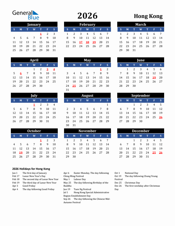 2026 Hong Kong Holiday Calendar