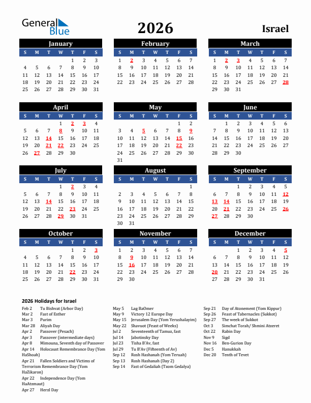 2026 Israel Holiday Calendar
