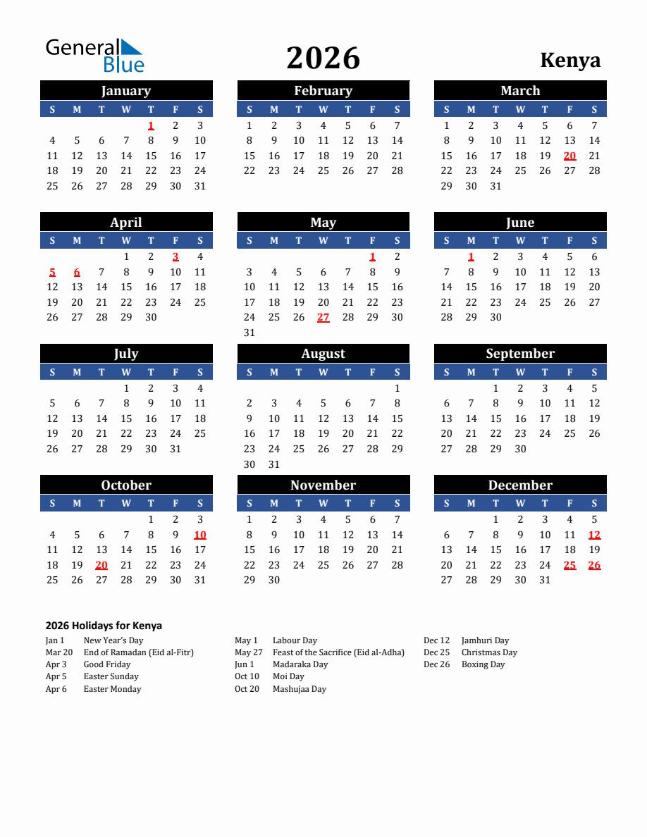 2026 Kenya Holiday Calendar
