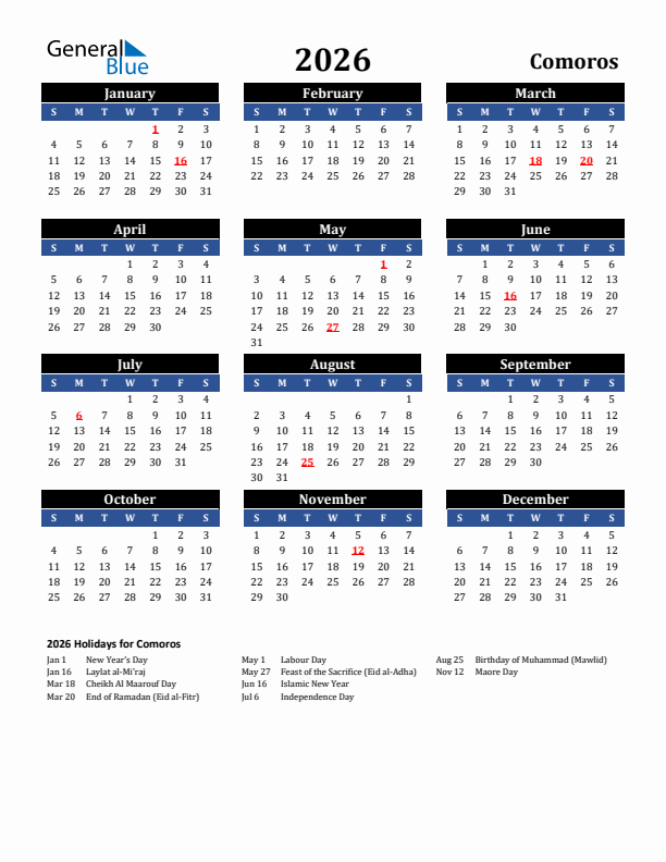 2026 Comoros Holiday Calendar