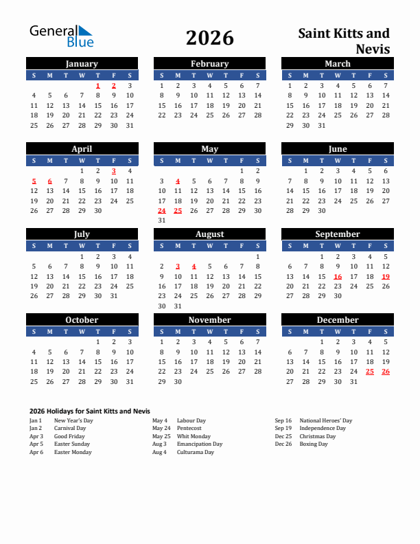 2026 Saint Kitts and Nevis Holiday Calendar