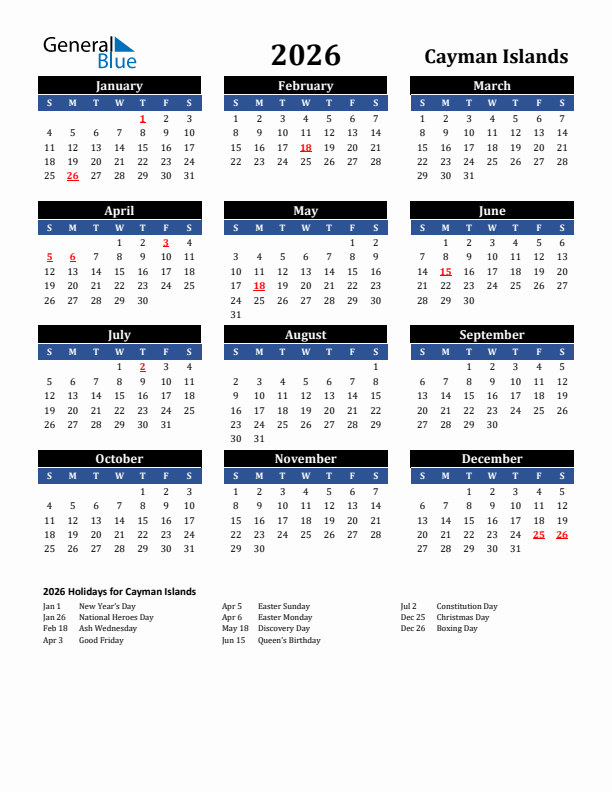 2026 Cayman Islands Holiday Calendar