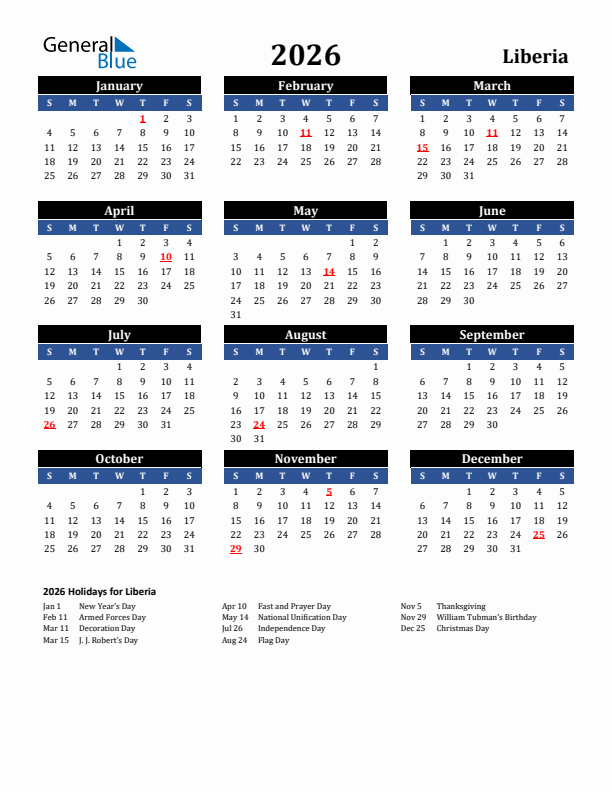 2026 Liberia Holiday Calendar