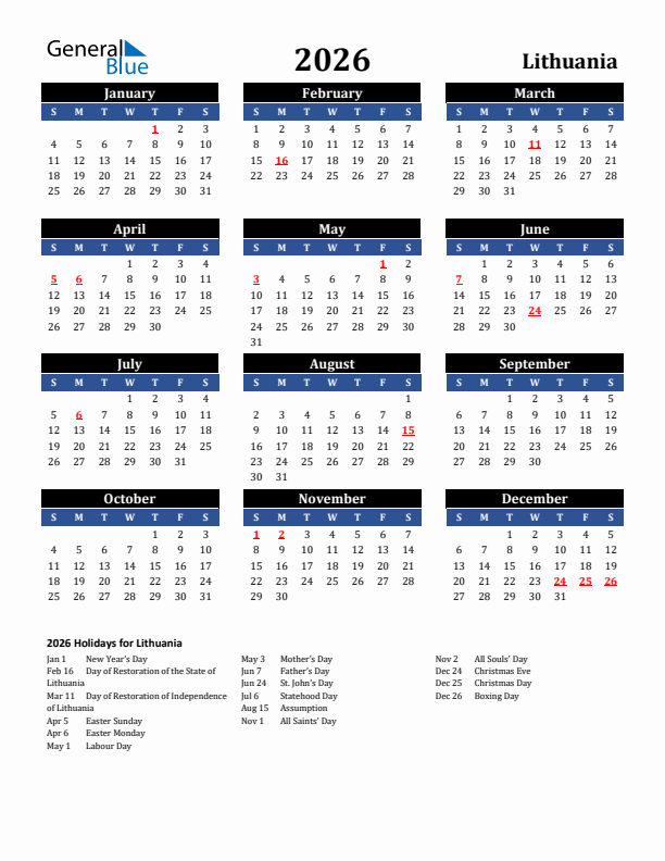 2026 Lithuania Holiday Calendar