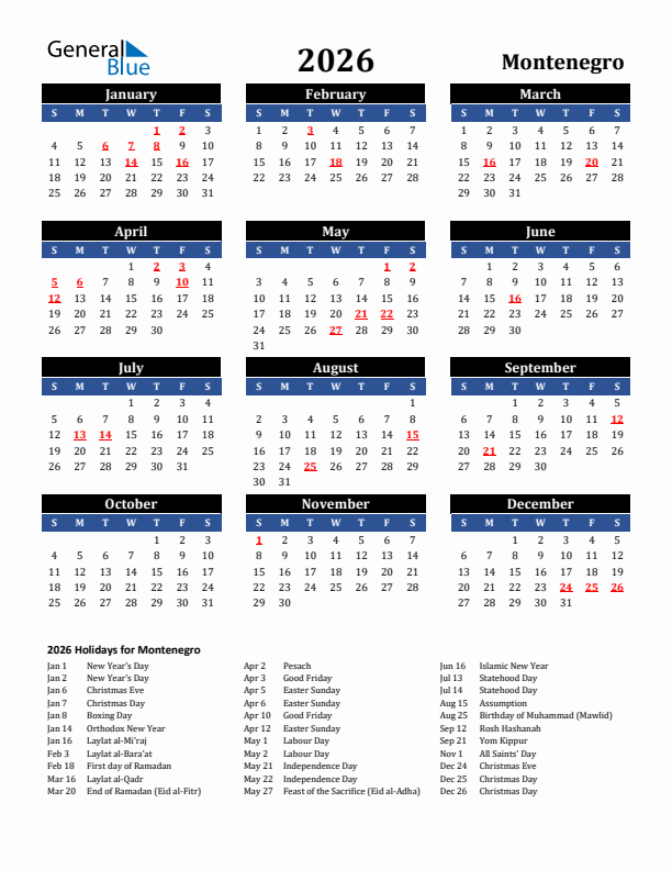 2026 Montenegro Holiday Calendar