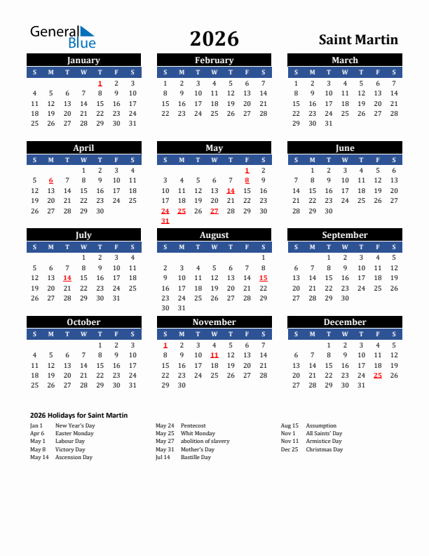 2026 Saint Martin Holiday Calendar