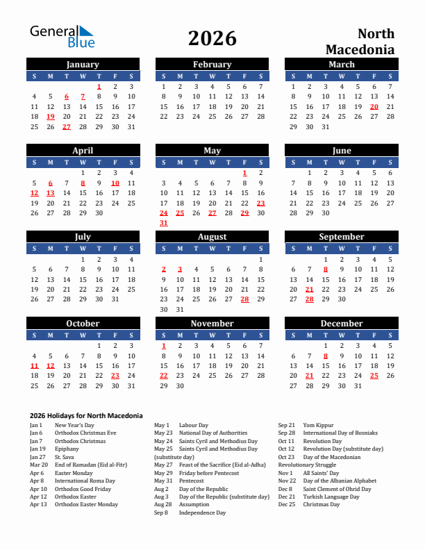 2026 North Macedonia Holiday Calendar