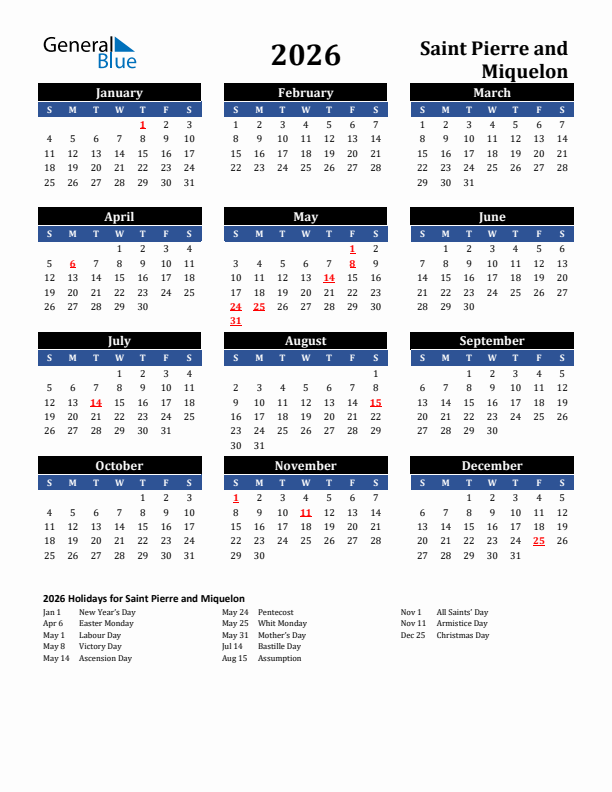 2026 Saint Pierre and Miquelon Holiday Calendar