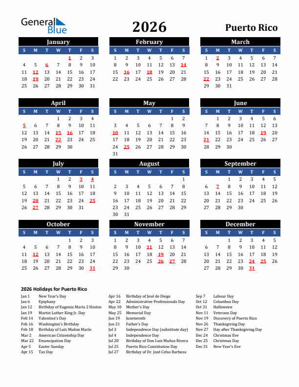 2026 Puerto Rico Holiday Calendar