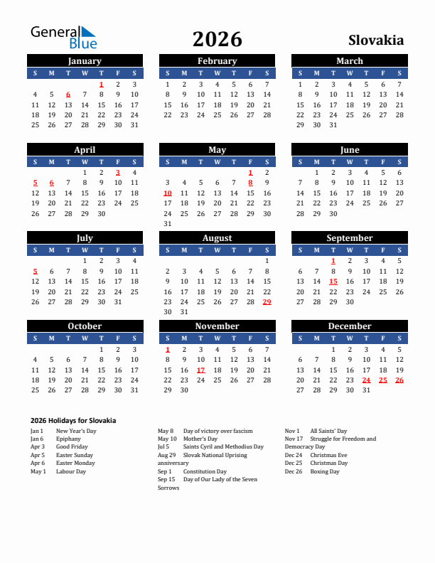 2026 Slovakia Holiday Calendar