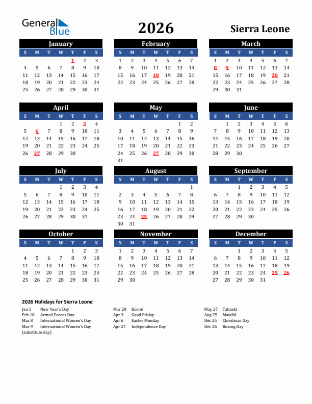 2026 Sierra Leone Holiday Calendar