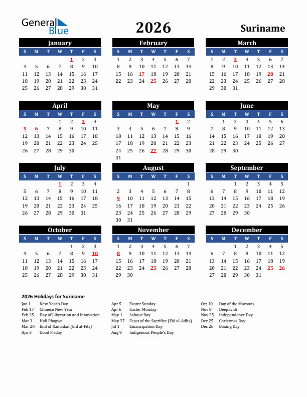 2026 Suriname Holiday Calendar