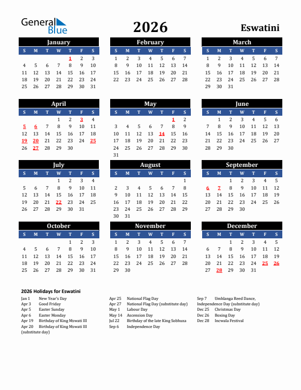 2026 Eswatini Holiday Calendar
