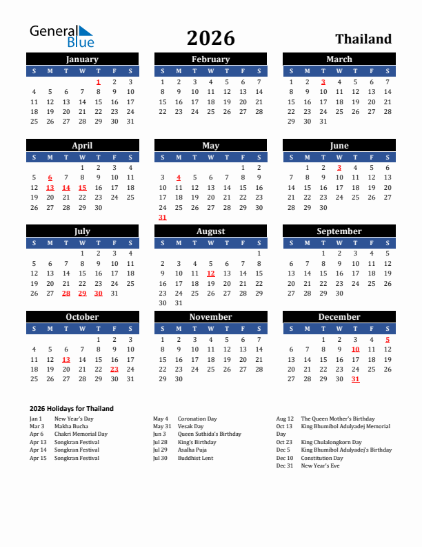 2026 Thailand Holiday Calendar