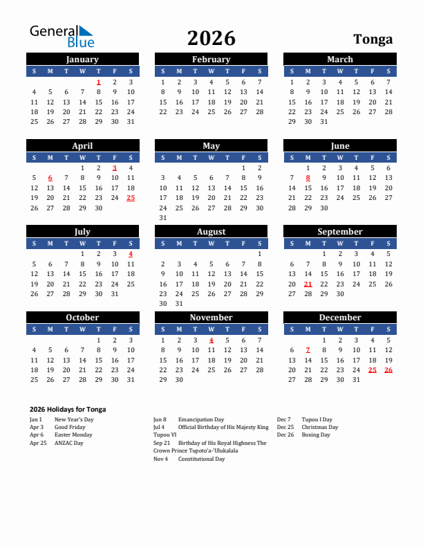 2026 Tonga Holiday Calendar